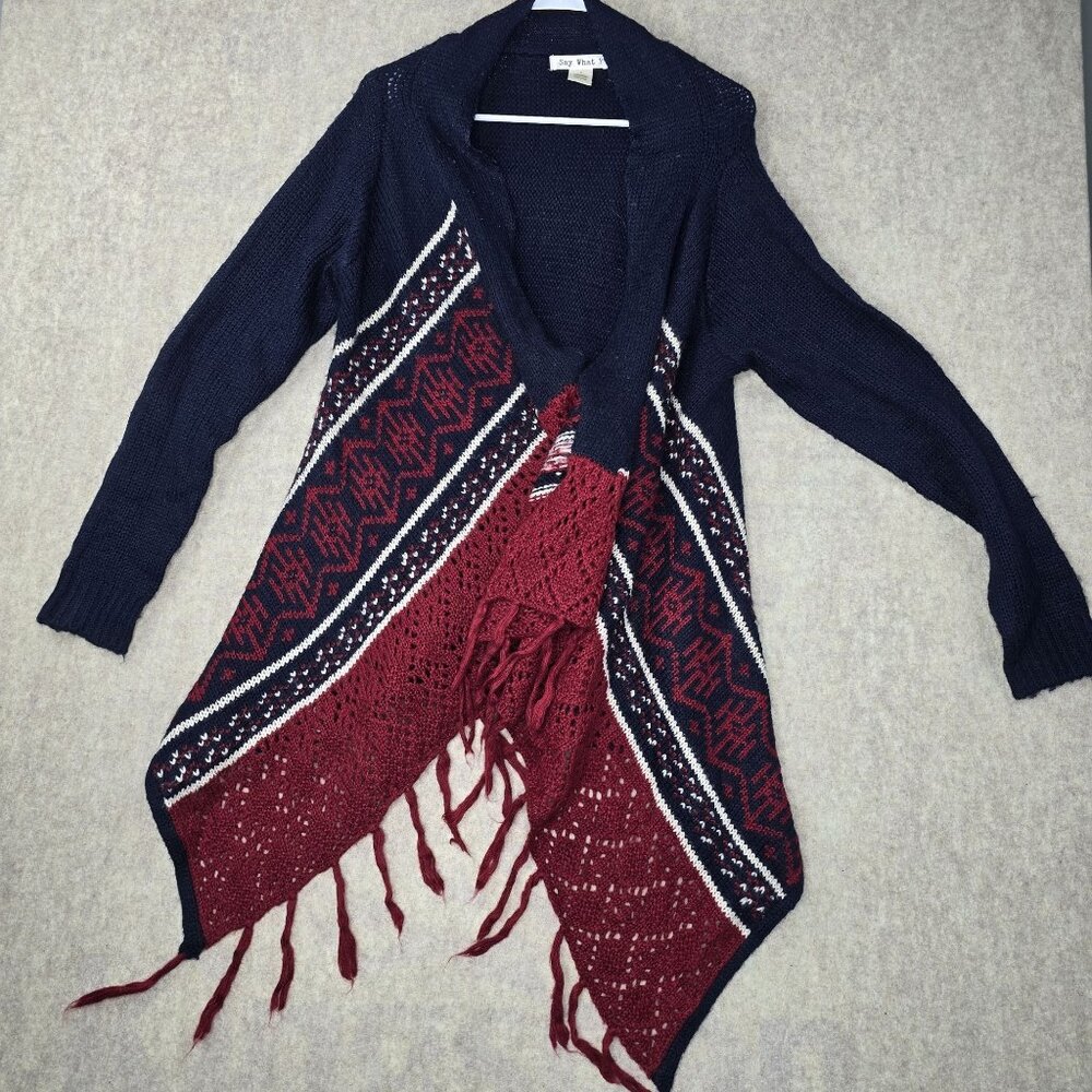 Say What? Womens Navy & Burgundy Knit Fringe Cardigan Sweater Acrylic Open Front